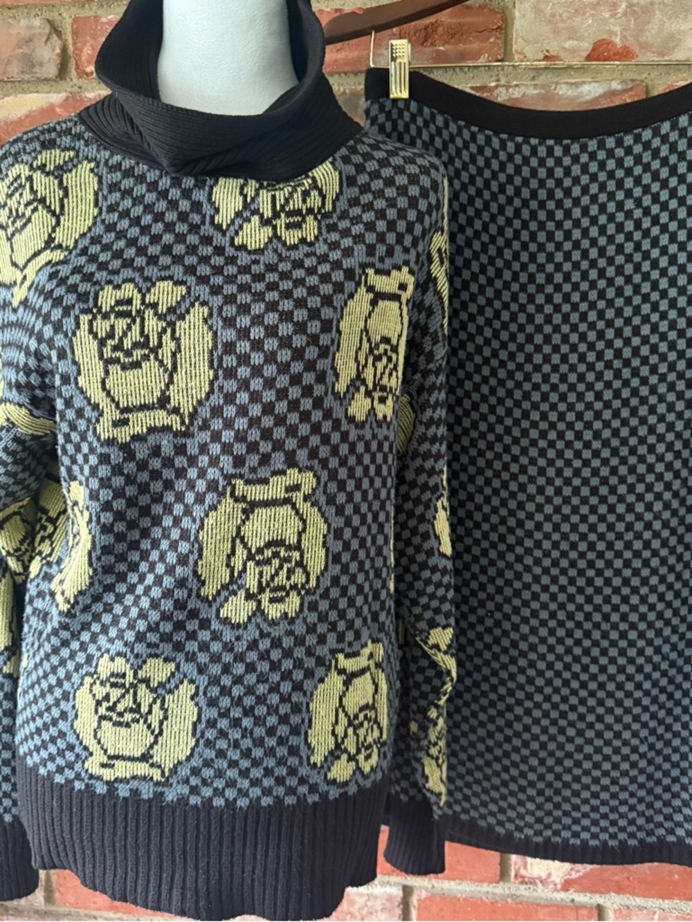 Vintage Checkerboard Knit Sweater & Skirt Set in Black and Yellow-Green